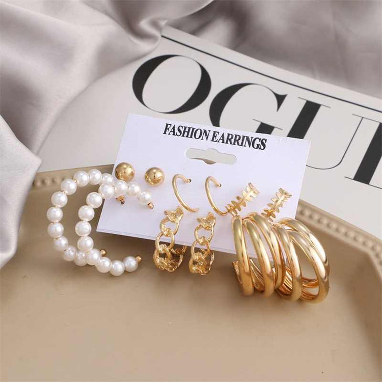 6 Pair Gold Plated Pearl Hoop Earrings Combo Set for Women and Girls - Rare1Studio