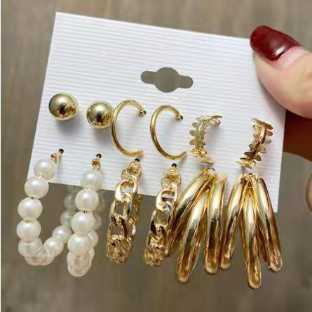 6 Pair Gold Plated Pearl Hoop Earrings Combo Set for Women and Girls - Rare1Studio