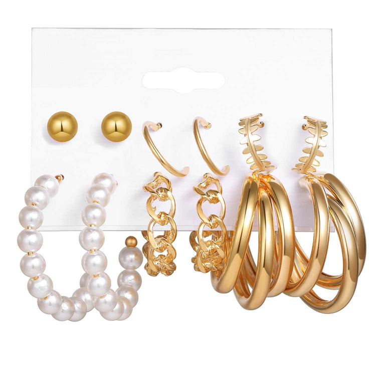 6 Pair Gold Plated Pearl Hoop Earrings Combo Set for Women and Girls - Rare1Studio