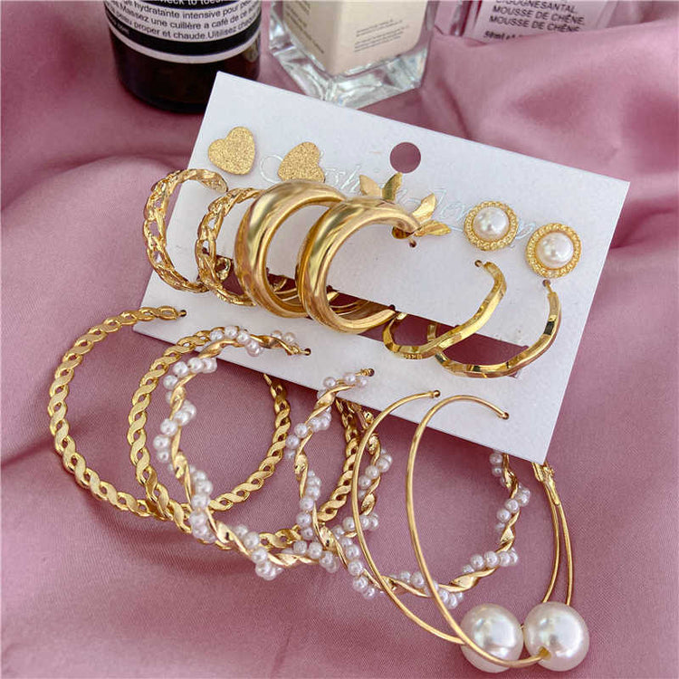 9 Pair Gold Hoop Earrings Set Women Pearl Oversize Metal Circle Punk Earring Female Jewelry - Rare1Studio