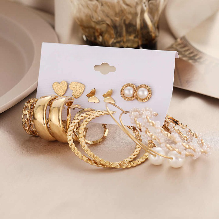 9 Pair Gold Hoop Earrings Set Women Pearl Oversize Metal Circle Punk Earring Female Jewelry - Rare1Studio