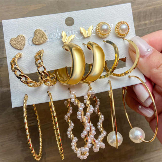 9 Pair Gold Hoop Earrings Set Women Pearl Oversize Metal Circle Punk Earring Female Jewelry - Rare1Studio