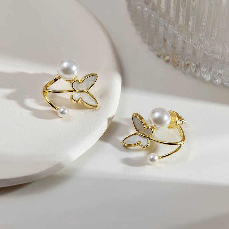 Gold-Plated Butterfly Earrings with Pearls for Women - Rare1Studio