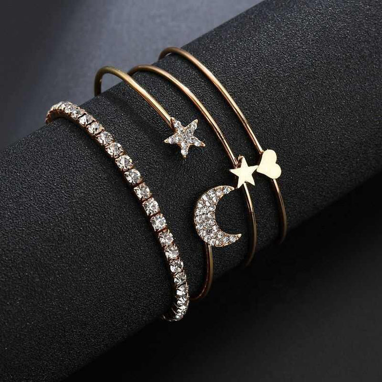 Gold Plated Heart Moon Star Bracelet Set for Women - Rare1Studio