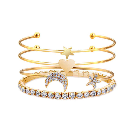 Gold Plated Heart Moon Star Bracelet Set for Women - Rare1Studio