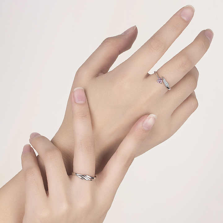 Matching Silver Couple Rings with Pink Heart-Shaped Stone - Rare1Studio