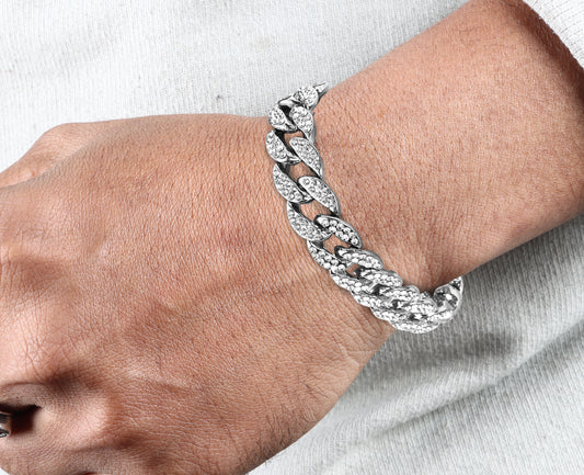 Adjustable Stainless Steel Cubic Zirconia Silver Bracelet For Men (Free Size)