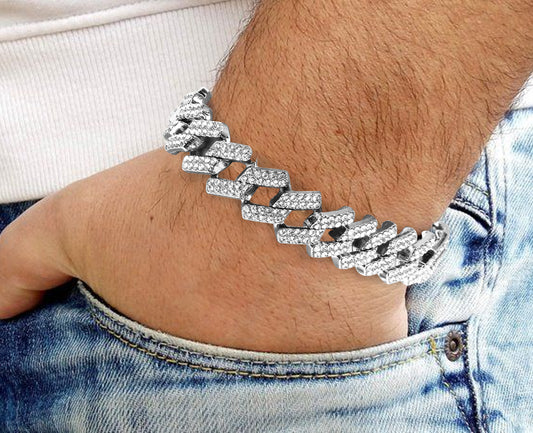 Adjustable Stainless Steel Cubic Zirconia Silver Bracelet For Men (Free Size)