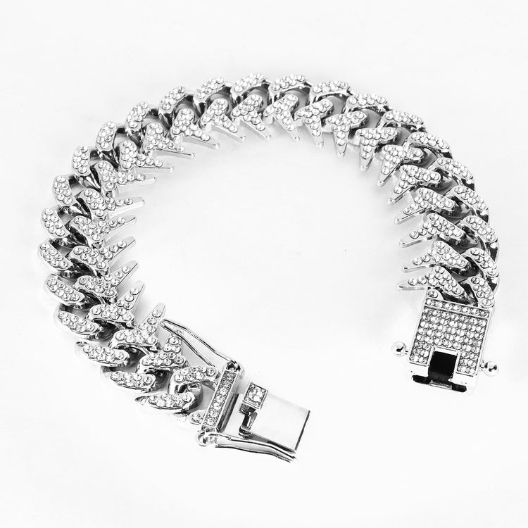 Adjustable Stainless Steel Cubic Zirconia Silver Bracelet For Men (Free Size)