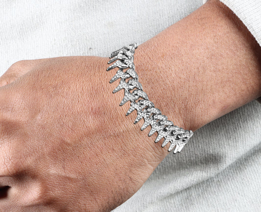 Adjustable Stainless Steel Cubic Zirconia Silver Bracelet For Men (Free Size)