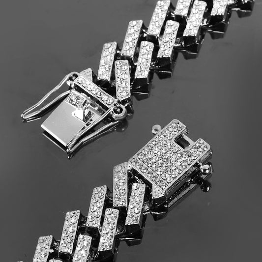 Contemporary Rhinestone Silver Plated Cuban Chain For Men (Free Size)