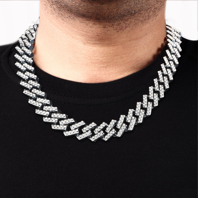 Contemporary Rhinestone Silver Plated Cuban Chain For Men (Free Size)