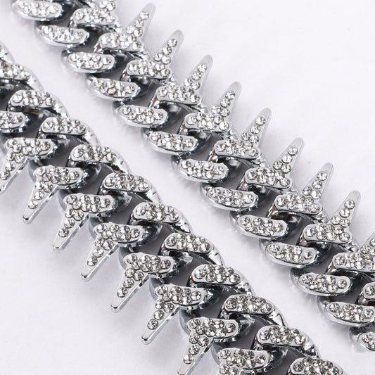 Contemporary Rhinestone Silver Plated Cuban Spikes Chain For Men (Free Size)