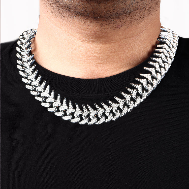 Contemporary Rhinestone Silver Plated Cuban Spikes Chain For Men (Free Size)