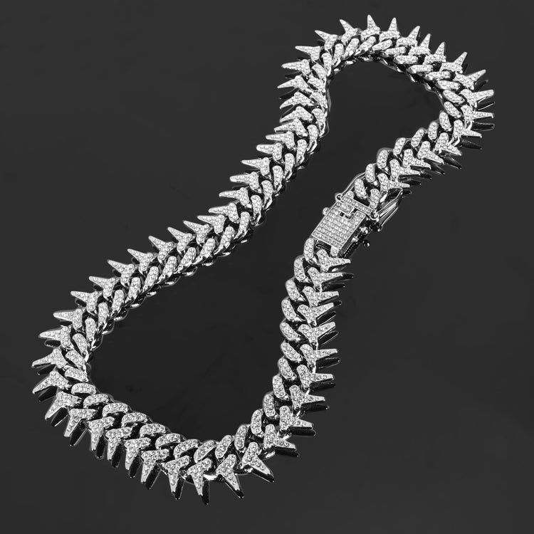 Contemporary Rhinestone Silver Plated Cuban Spikes Chain For Men (Free Size)