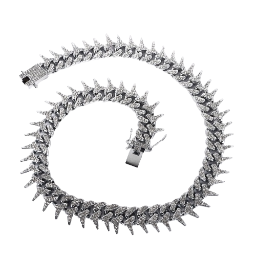 Contemporary Rhinestone Silver Plated Cuban Spikes Chain For Men (Free Size)