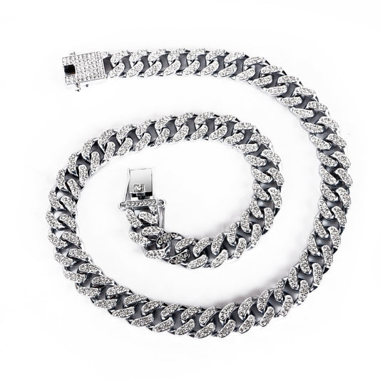 Contemporary Rhinestone Silver Plated Cuban Chain For Men (Free Size)