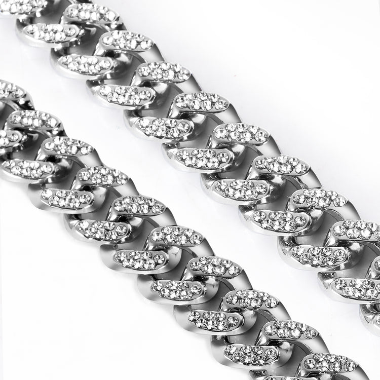 Contemporary Rhinestone Silver Plated Cuban Chain For Men (Free Size)