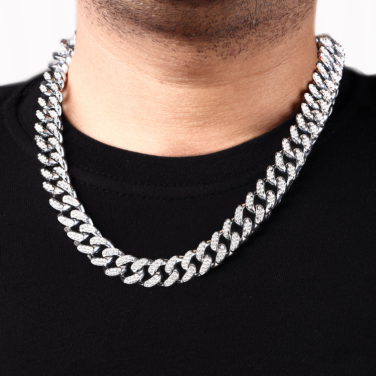 Contemporary Rhinestone Silver Plated Cuban Chain For Men (Free Size)