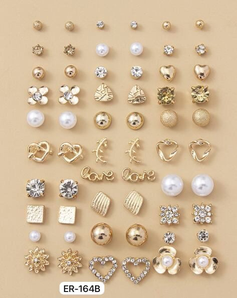 RARE 1 Jewellery For Women Girls Gold Plated Multicolor Pearl & AD Studs Combo of 30 Quirky Pairs