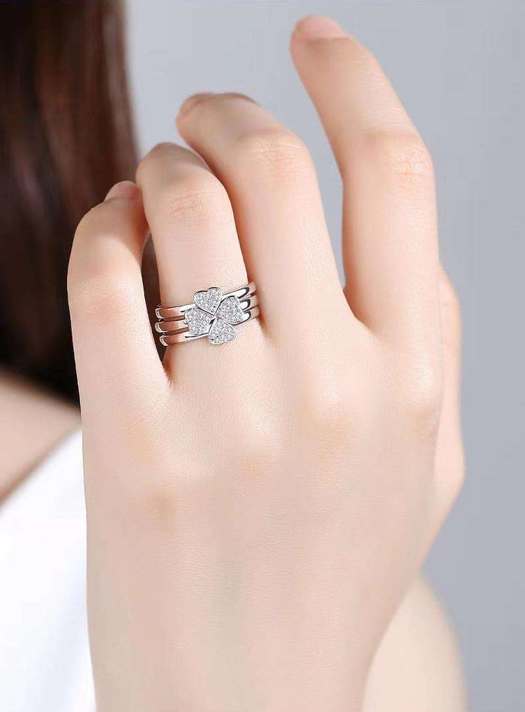 Adjustable Open Heart Leaf 3 In 1 Finger Ring For Women (Free Size)