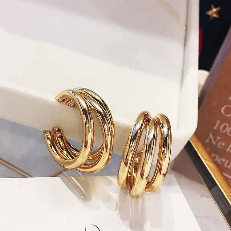 Multiple Rows Circle Gold Platted Hoop Earrings C Shaped Earrings Triple Open Minimalist Hoop Earrings Simple Jewelry - Rare1Studio