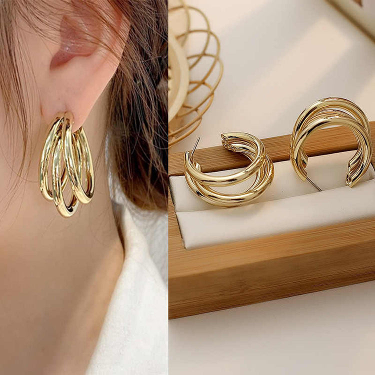 Multiple Rows Circle Gold Platted Hoop Earrings C Shaped Earrings Triple Open Minimalist Hoop Earrings Simple Jewelry - Rare1Studio