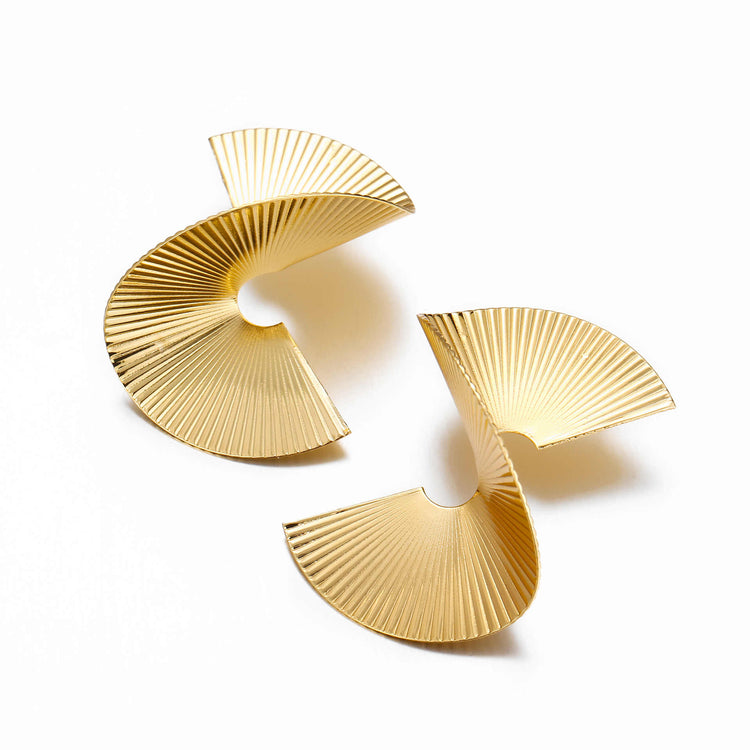 Gold Fan Earrings for Women | 18K Yellow Gold Plated | Unique and Elegant | Big Exaggerated Swirling Strip - Rare1Studio