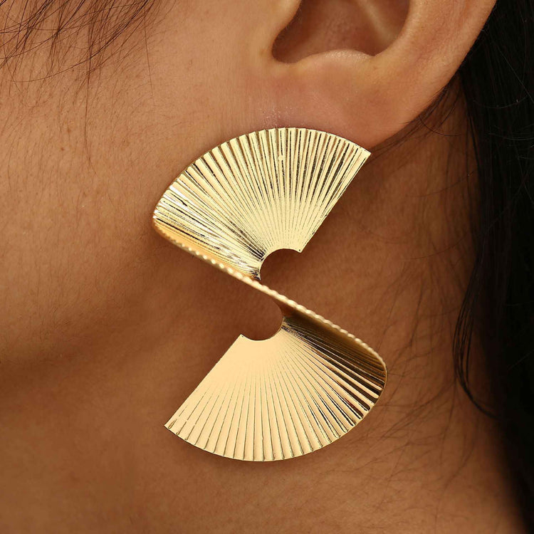 Gold Fan Earrings for Women | 18K Yellow Gold Plated | Unique and Elegant | Big Exaggerated Swirling Strip - Rare1Studio