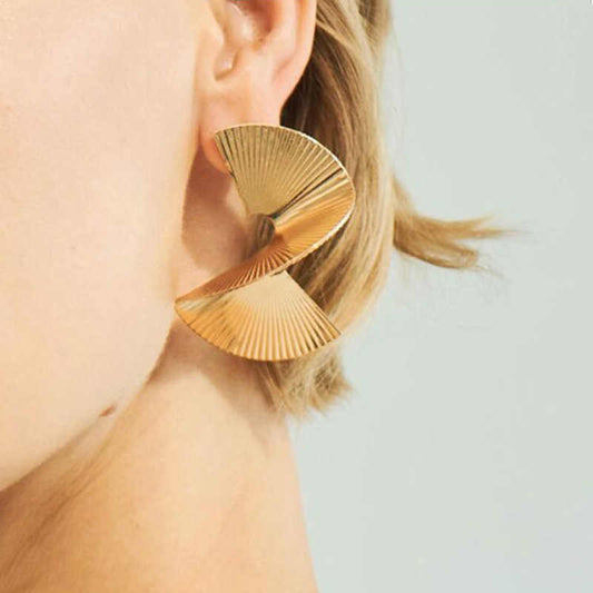 Gold Fan Earrings for Women | 18K Yellow Gold Plated | Unique and Elegant | Big Exaggerated Swirling Strip - Rare1Studio