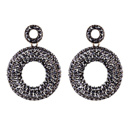 Shinny Full Black Rhinestone Deiamond Large Round Shaped Earrings Designs - Rare1Studio