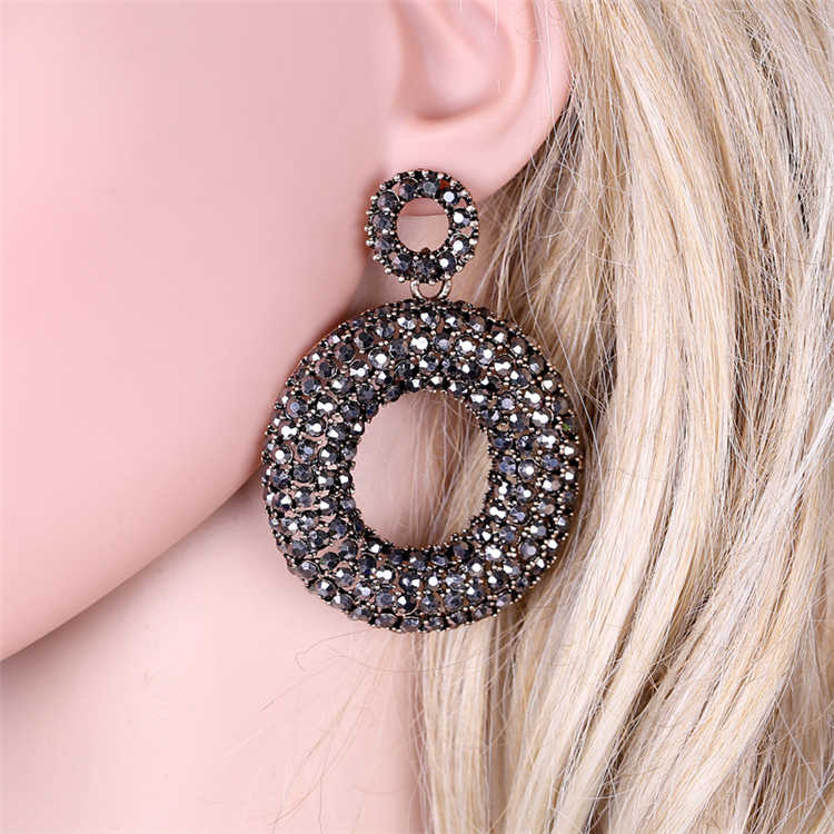 Shinny Full Black Rhinestone Deiamond Large Round Shaped Earrings Designs - Rare1Studio