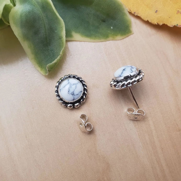 Turquoise White Stone Marble Finished Silver Polished Daily wear Stud, which can go on Ethenic as well as to your Western Wears, Classy, Elegant, White Earrings for Women - Rare1Studio