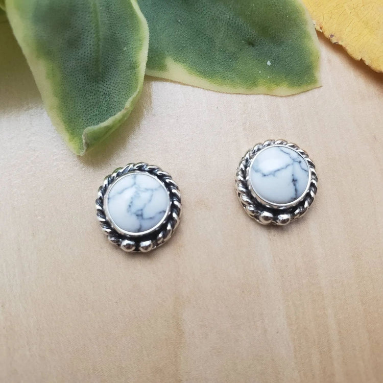 Turquoise White Stone Marble Finished Silver Polished Daily wear Stud, which can go on Ethenic as well as to your Western Wears, Classy, Elegant, White Earrings for Women - Rare1Studio