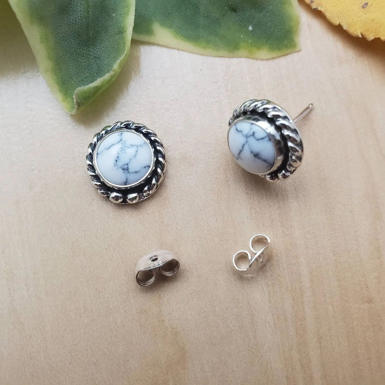 Turquoise White Stone Marble Finished Silver Polished Daily wear Stud, which can go on Ethenic as well as to your Western Wears, Classy, Elegant, White Earrings for Women - Rare1Studio