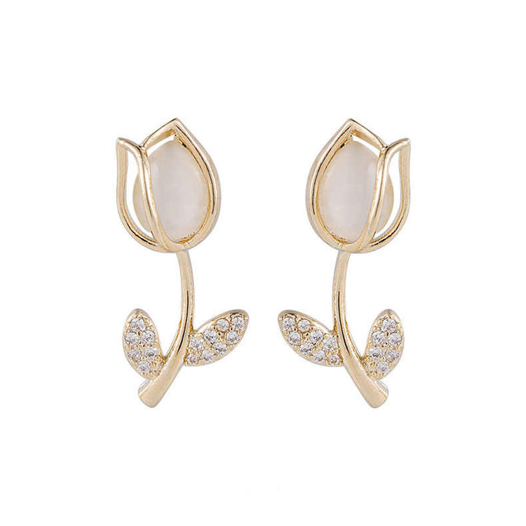 Rendy 18k Gold Plated Marble Finished Flower Shape Stud Earrings with Rhinestone Studded Stem: Stylish and Elegant Jewelry for Any Occasion - Rare1Studio