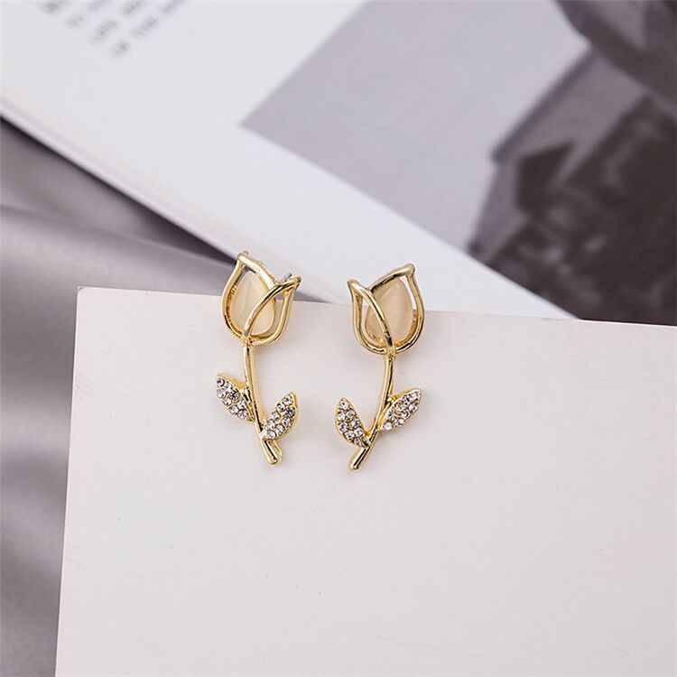 Rendy 18k Gold Plated Marble Finished Flower Shape Stud Earrings with Rhinestone Studded Stem: Stylish and Elegant Jewelry for Any Occasion - Rare1Studio