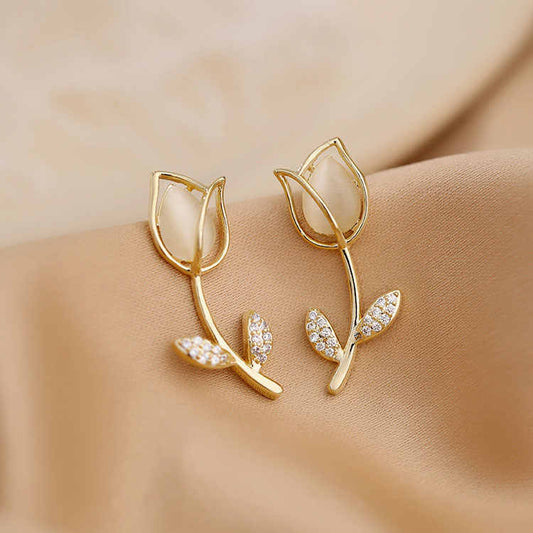 Rendy 18k Gold Plated Marble Finished Flower Shape Stud Earrings with Rhinestone Studded Stem: Stylish and Elegant Jewelry for Any Occasion - Rare1Studio