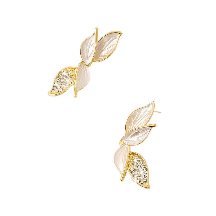 Classic Lucky White Leaf Flower Earrings Inlaid Bling Cubic Zircon Gold Color Aesthetic Earrings For Women Fashion Jewelry Drop Bling Earrings - Rare1Studio