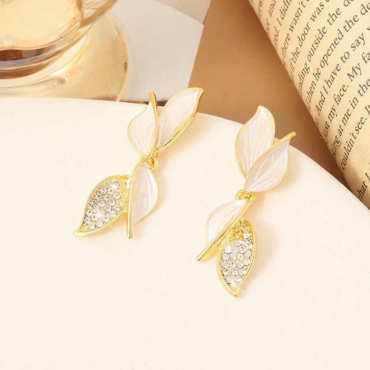 Classic Lucky White Leaf Flower Earrings Inlaid Bling Cubic Zircon Gold Color Aesthetic Earrings For Women Fashion Jewelry Drop Bling Earrings - Rare1Studio