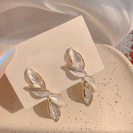 Classic Lucky White Leaf Flower Earrings Inlaid Bling Cubic Zircon Gold Color Aesthetic Earrings For Women Fashion Jewelry Drop Bling Earrings - Rare1Studio