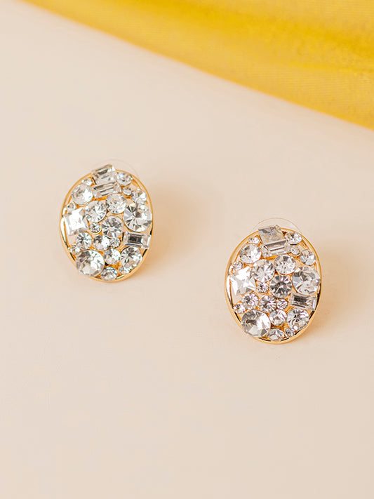 Golden Oversized Stud Earrings with American Diamond Stone - Bold and Luxurious - Rare1Studio