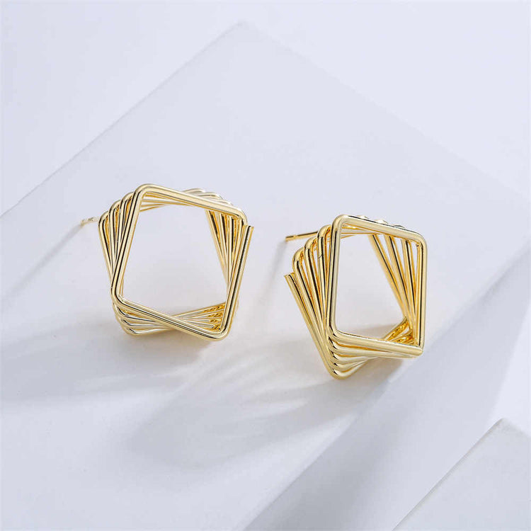 Square Gold Hoop Simple Geometric Stud for Women | 18K Yellow Gold Plated | Polished Finish - Rare1Studio